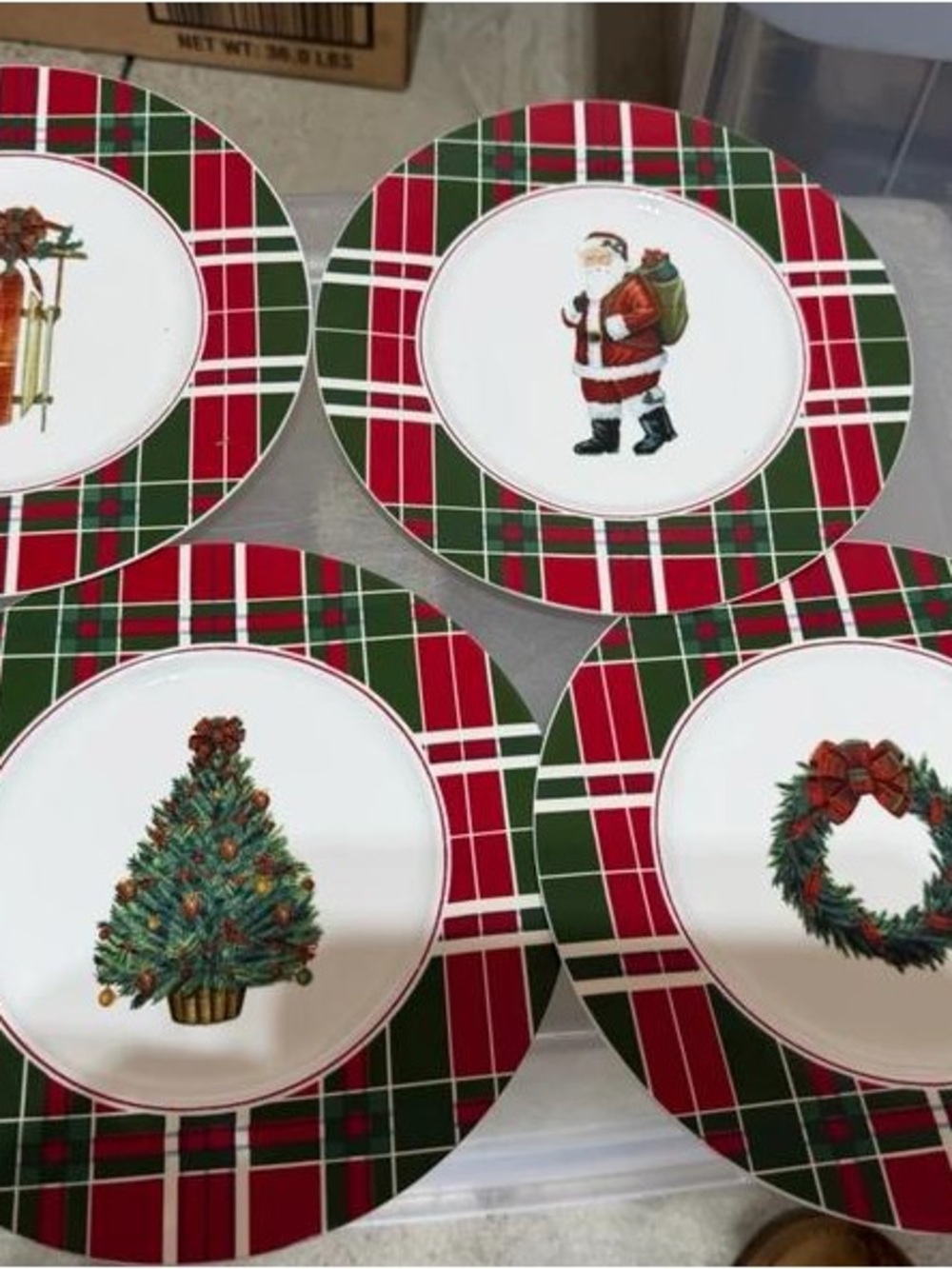Holiday Plaid Christmas Dinner Plates with Santa and Tree - Red & Green